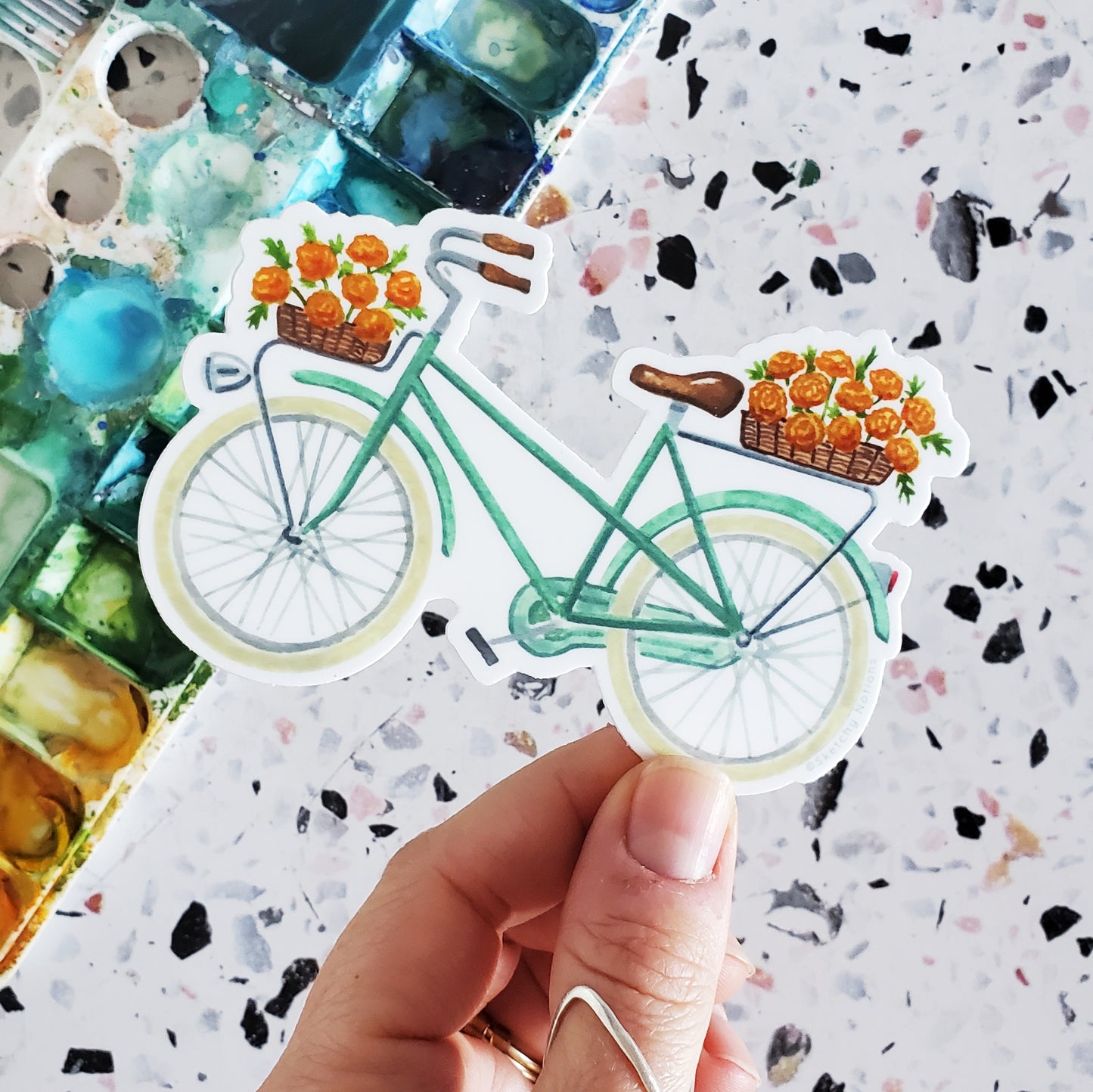 Teal Bicycle with Marigolds Sticker