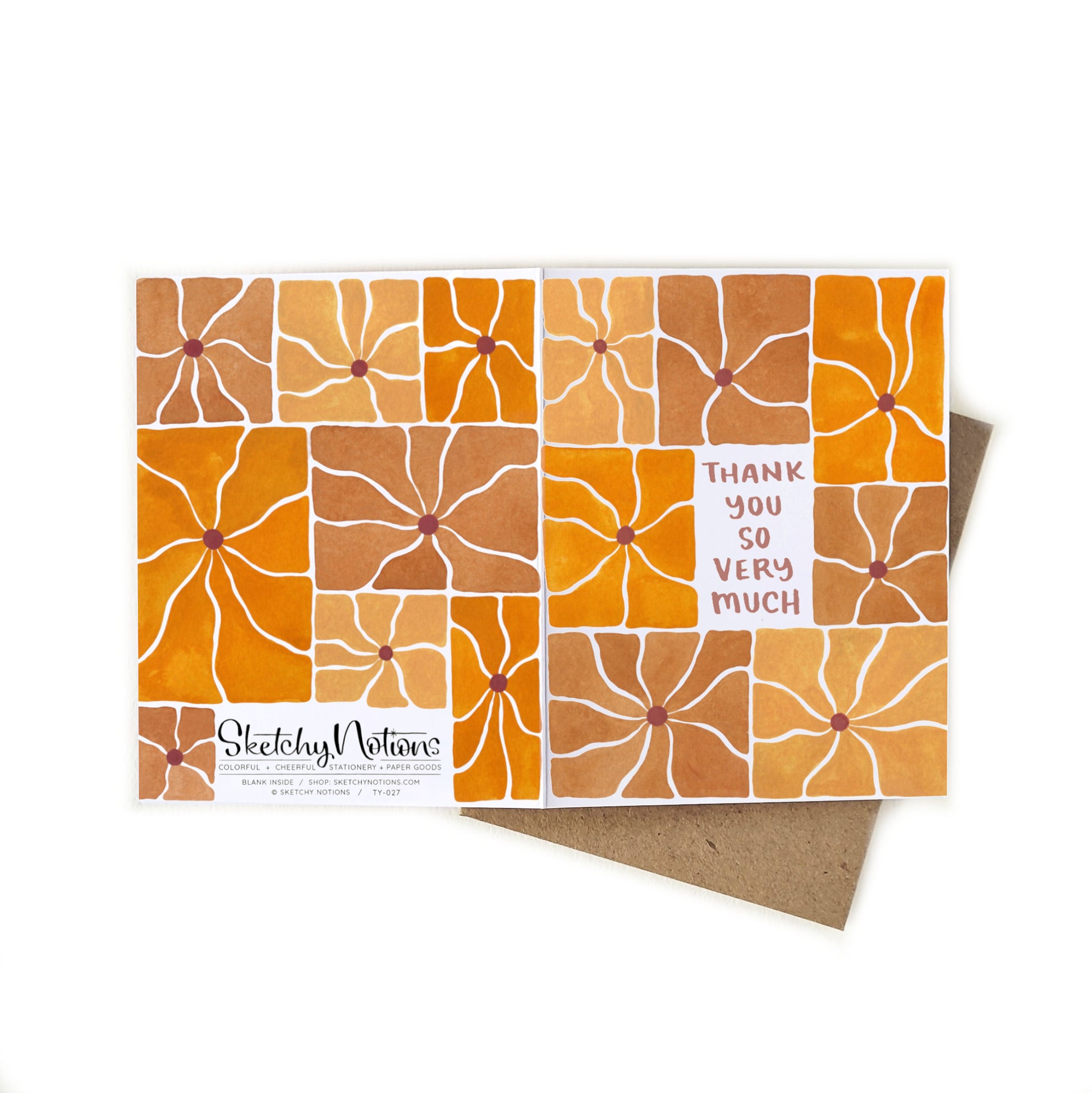 Greeting card with orange and brown floral pattern and 'Thank you so very much' text on a white background