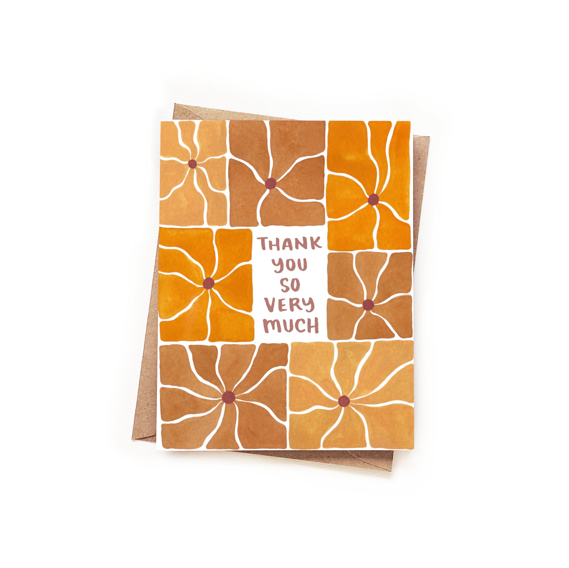 Greeting card with orange and brown floral pattern and 'Thank you so very much' text on a white background
