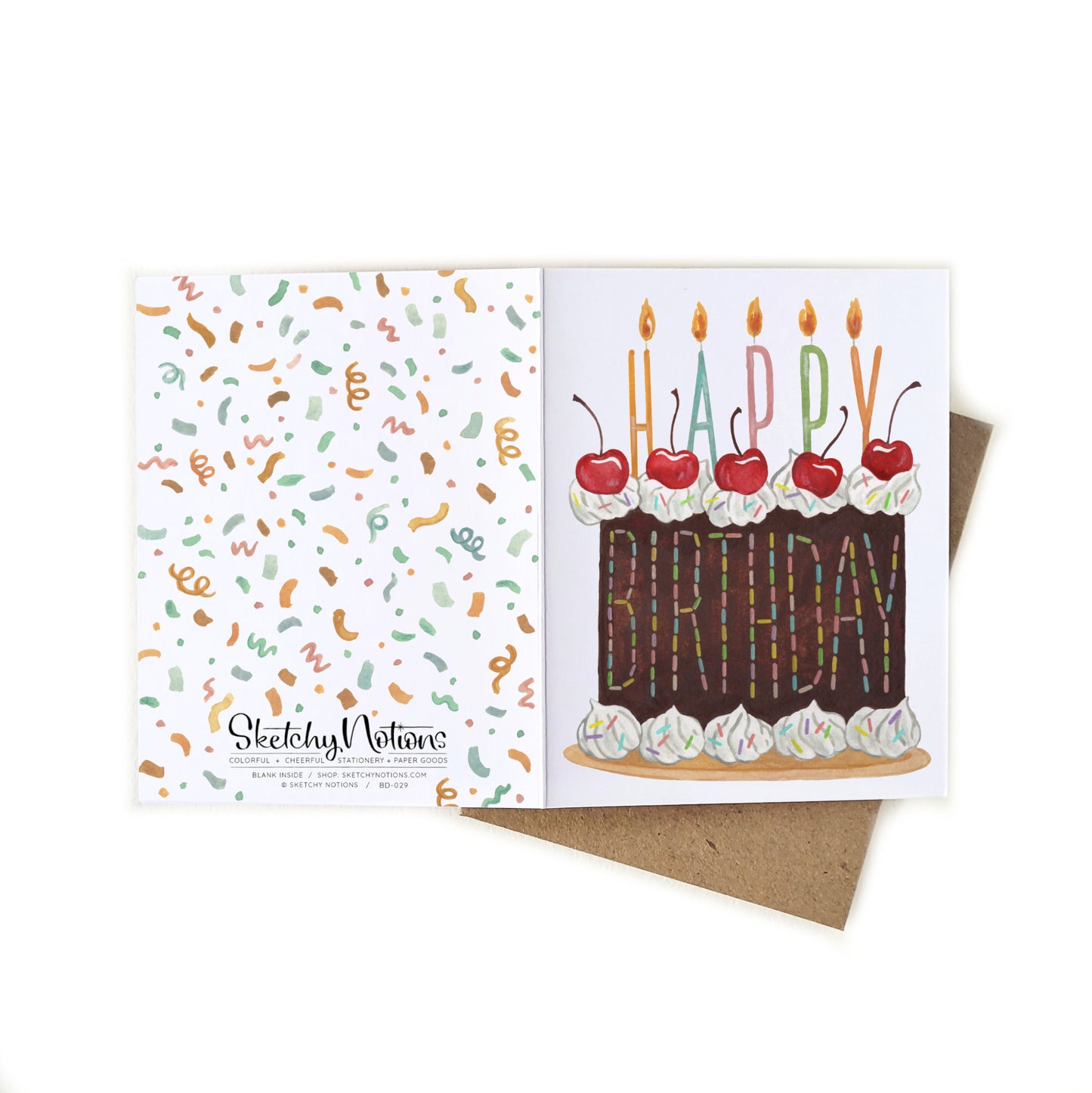 Birthday card with cake illustration and 'Happy Birthday' text on a white background