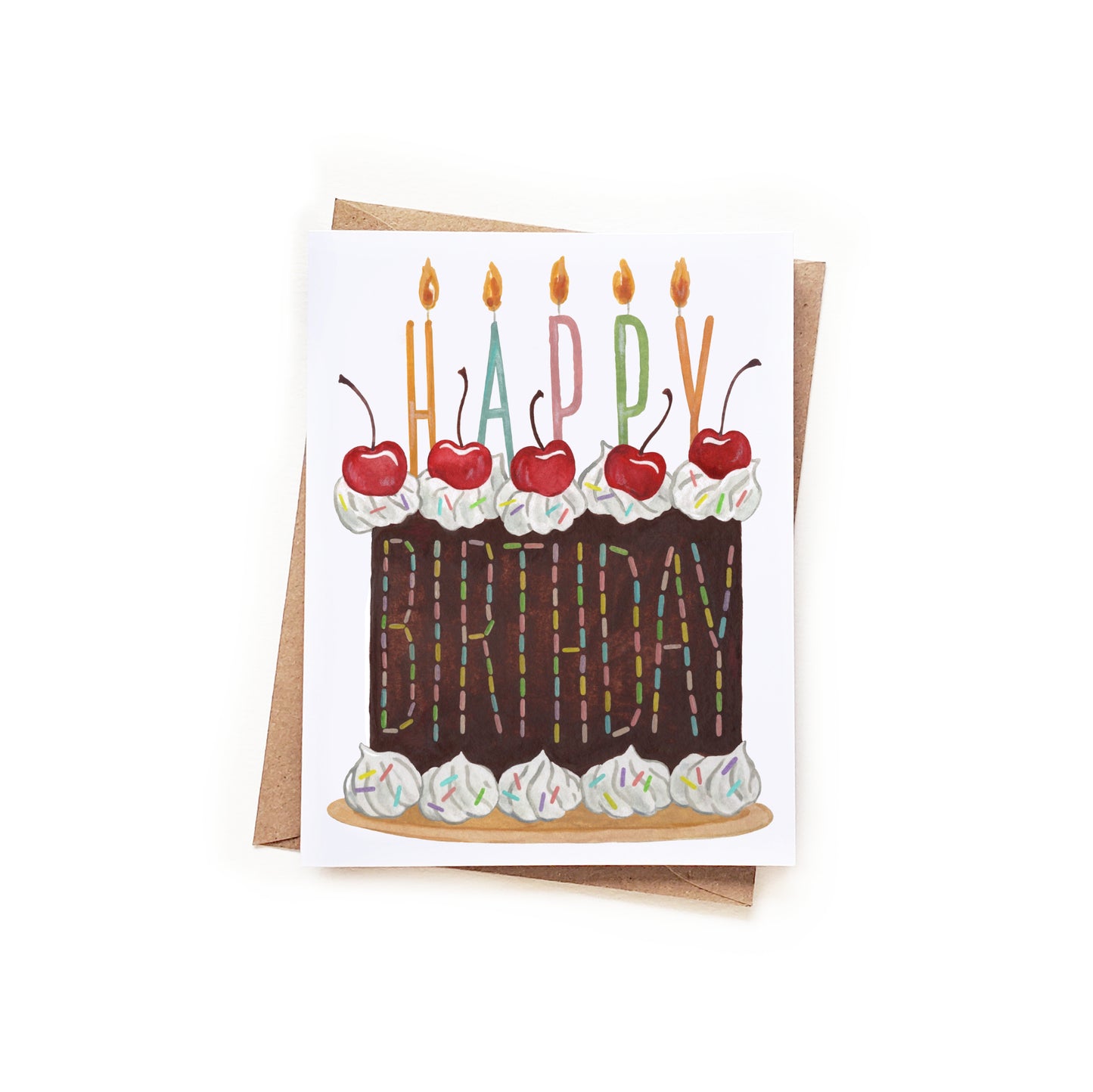 Birthday card with a cake design, candles, and the text 'Happy Birthday' on a white background.