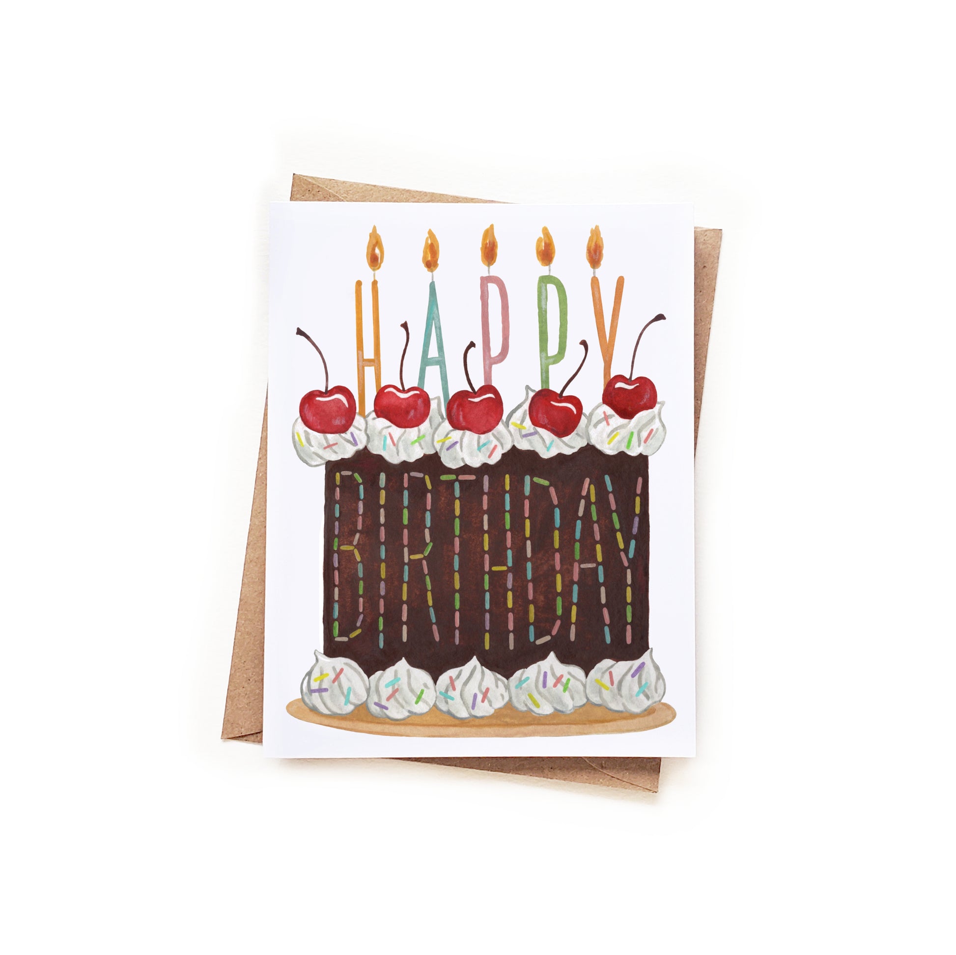 Birthday card with a cake design, candles, and the text 'Happy Birthday' on a white background.