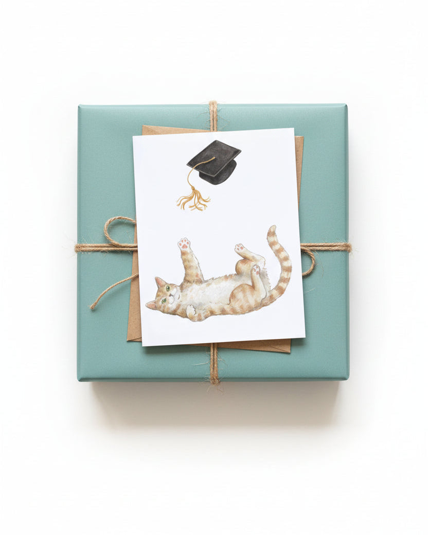 Gift box with a card featuring a cat and graduation cap on a white background