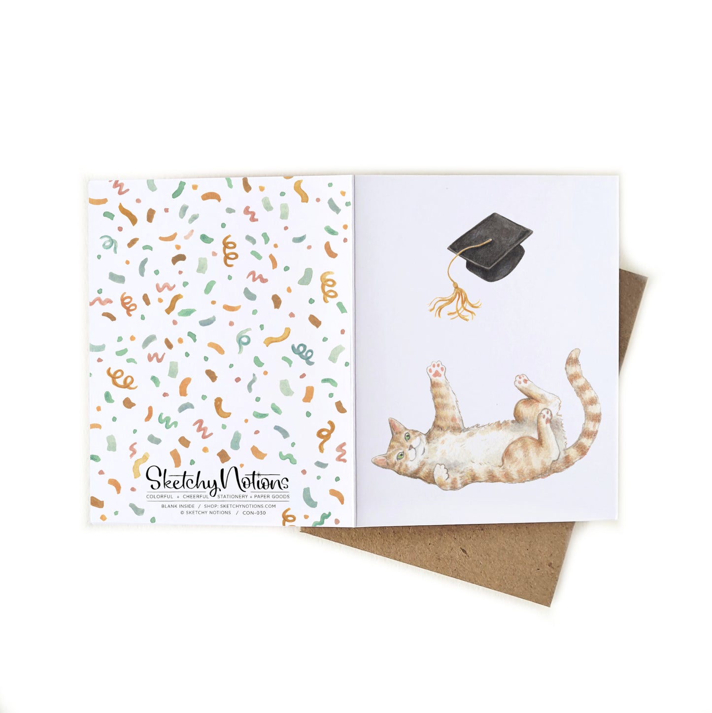 Greeting card with a cat wearing a graduation cap and a patterned design on the inside, with 'Sketchy Notions' branding.