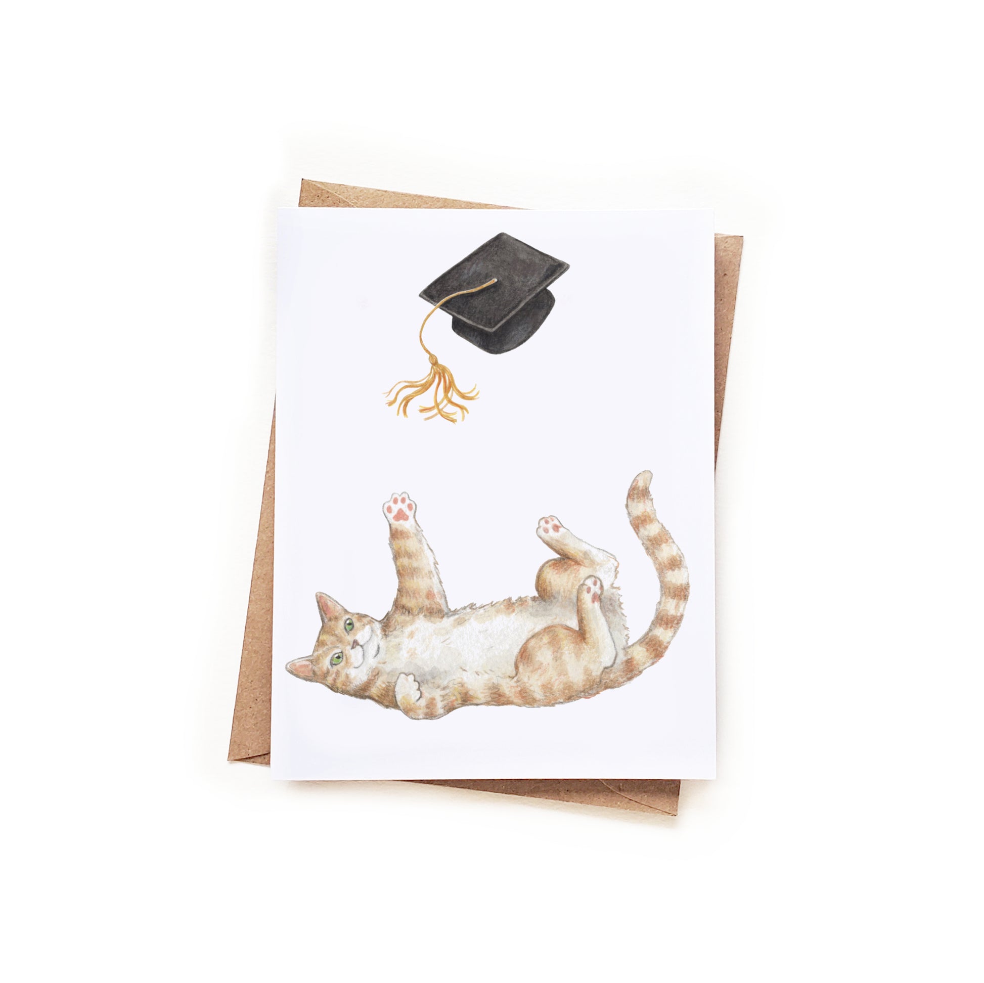 Greeting card with a cat and graduation cap on a white background
