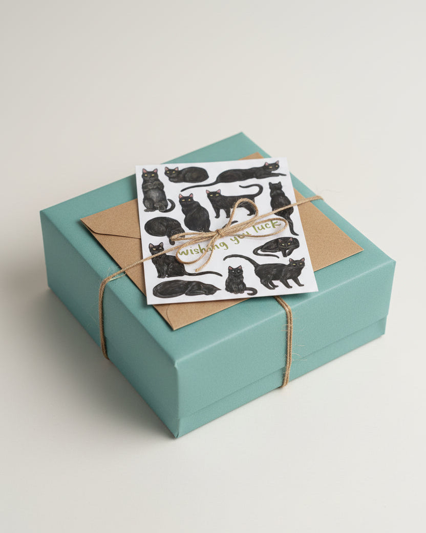 Turquoise gift box with a card featuring black cat illustrations on a light gray background