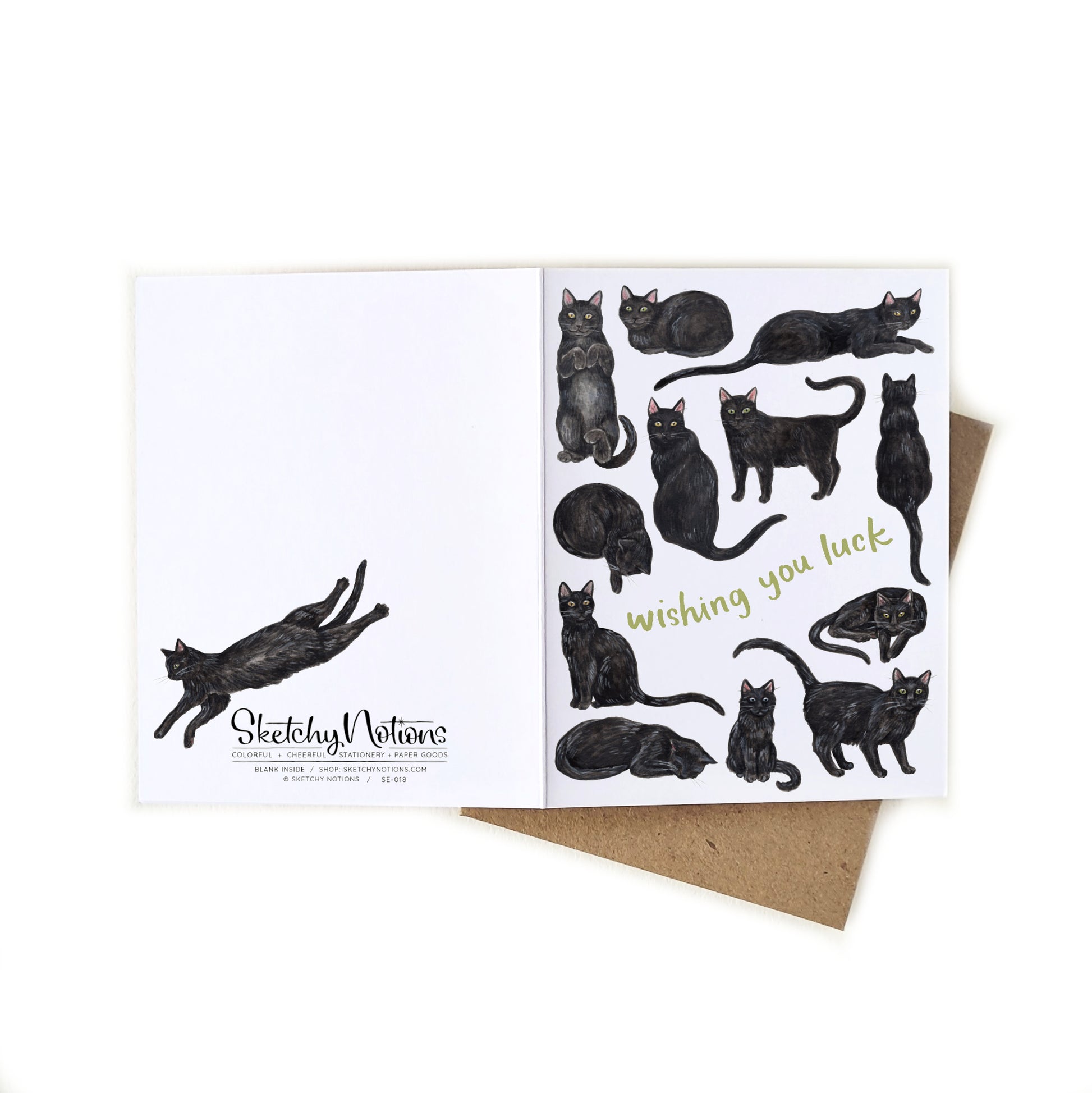 Card with black cat illustrations and 'wishing you luck' text on a white background
