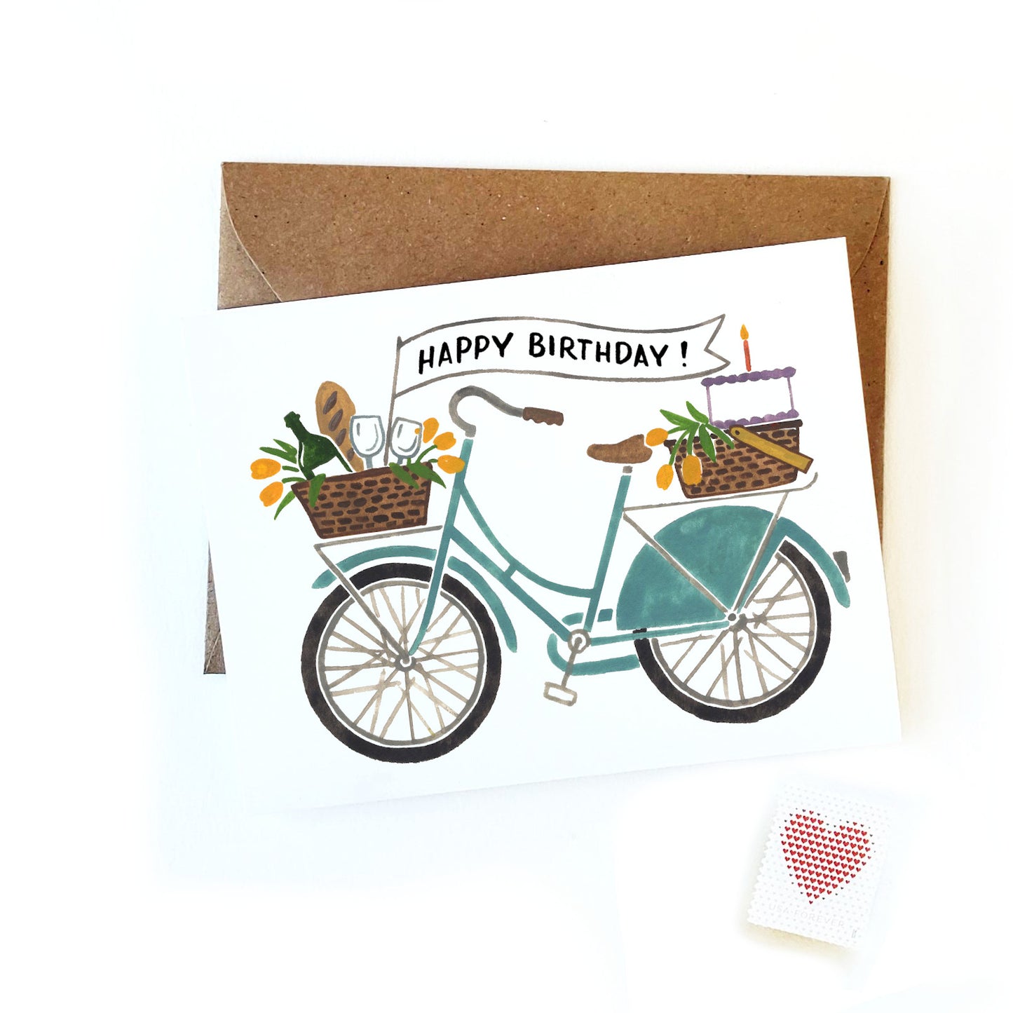 Happy Birthday Banner Watercolor Bicycle Card