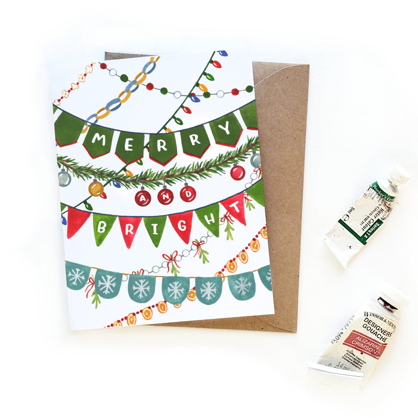 merry and bright christmas decorations card watercolor illustrations sketchy notions