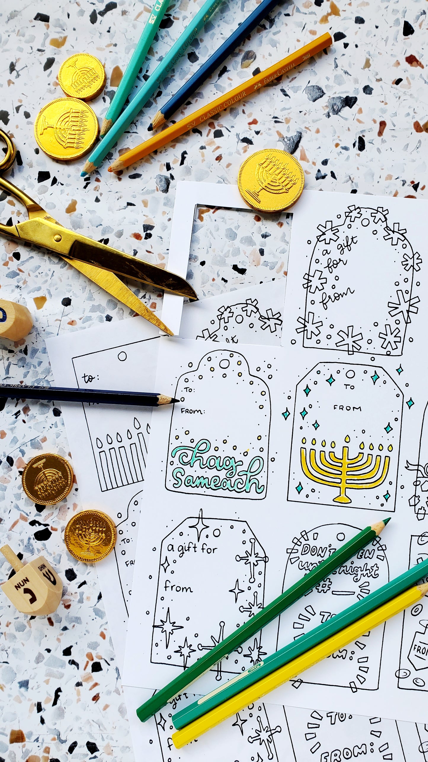 Printable Hanukkah Watercolor and Coloring Gift Tags