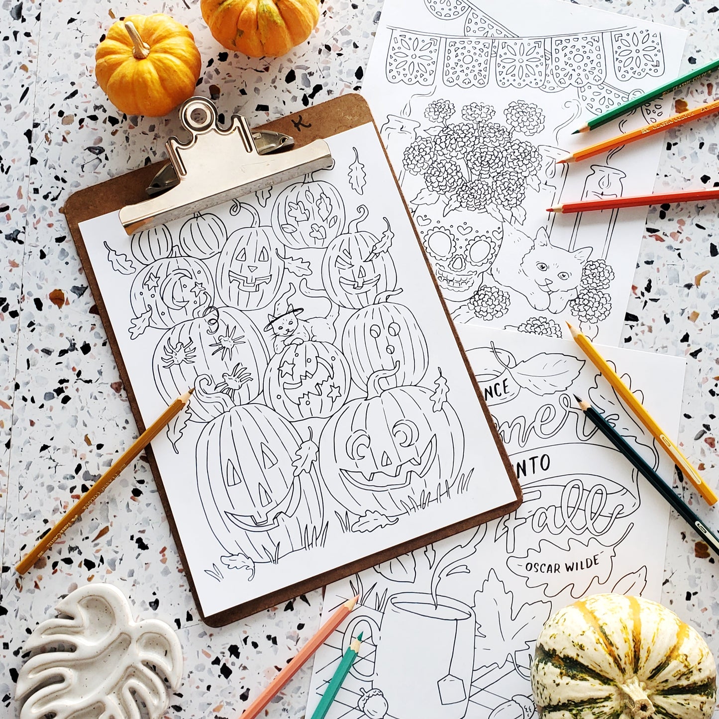 fall pumpkin coloring pages printable set of 3 dia de los muertos autumn download sketchy notions