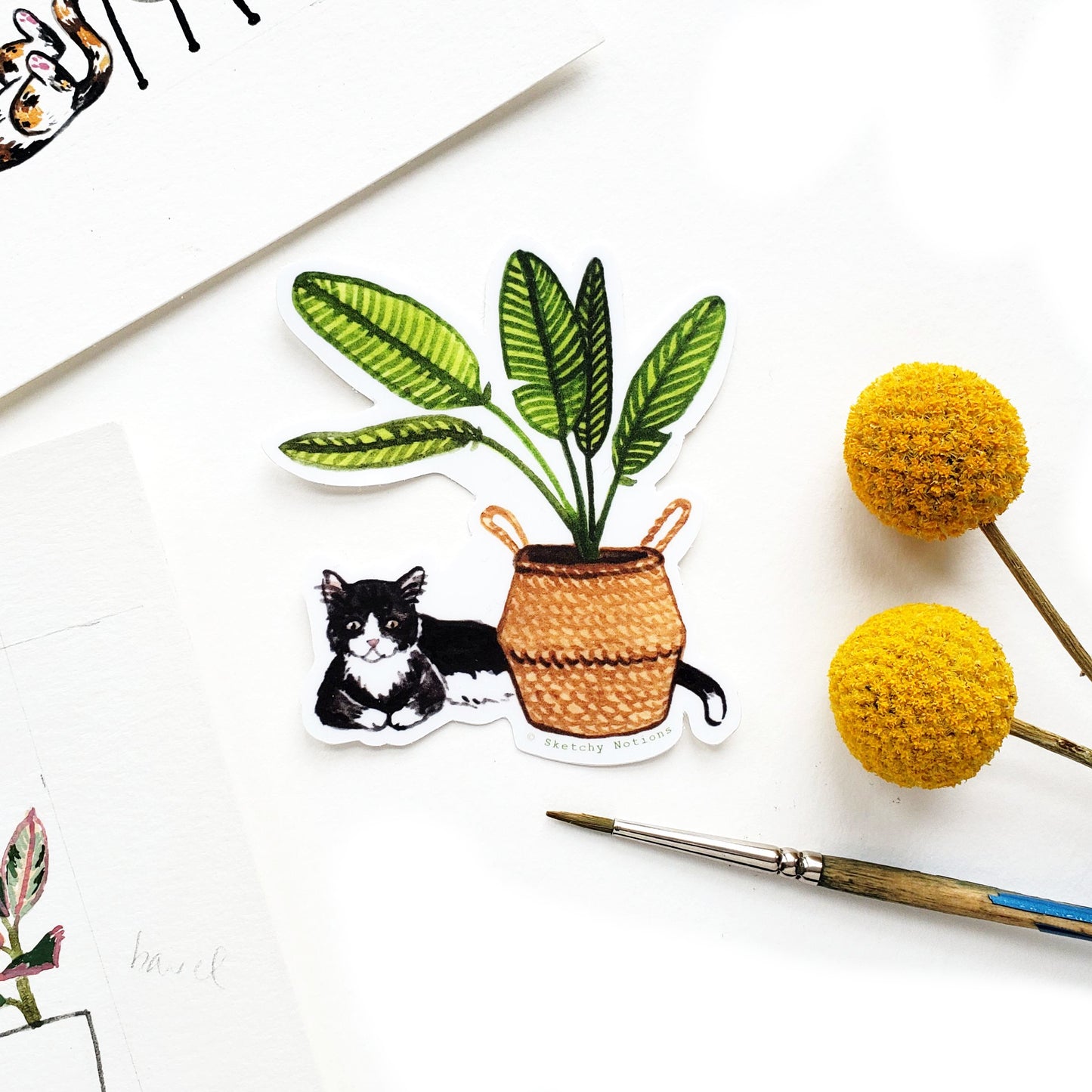 Cat and Plant Sticker 7 - Tuxedo with Banana Leaf Palm