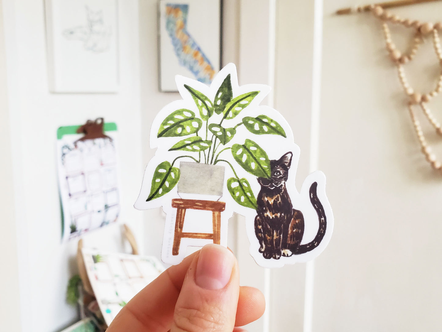 Cat and Plant Sticker 5 - Tortoiseshell Cat with Swiss Cheese Plant