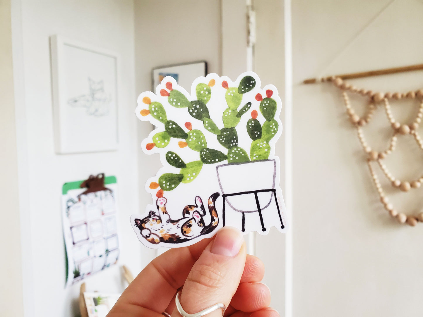 Cat and Plant Sticker 3 - Calico Cat with Prickly Pear Cactus
