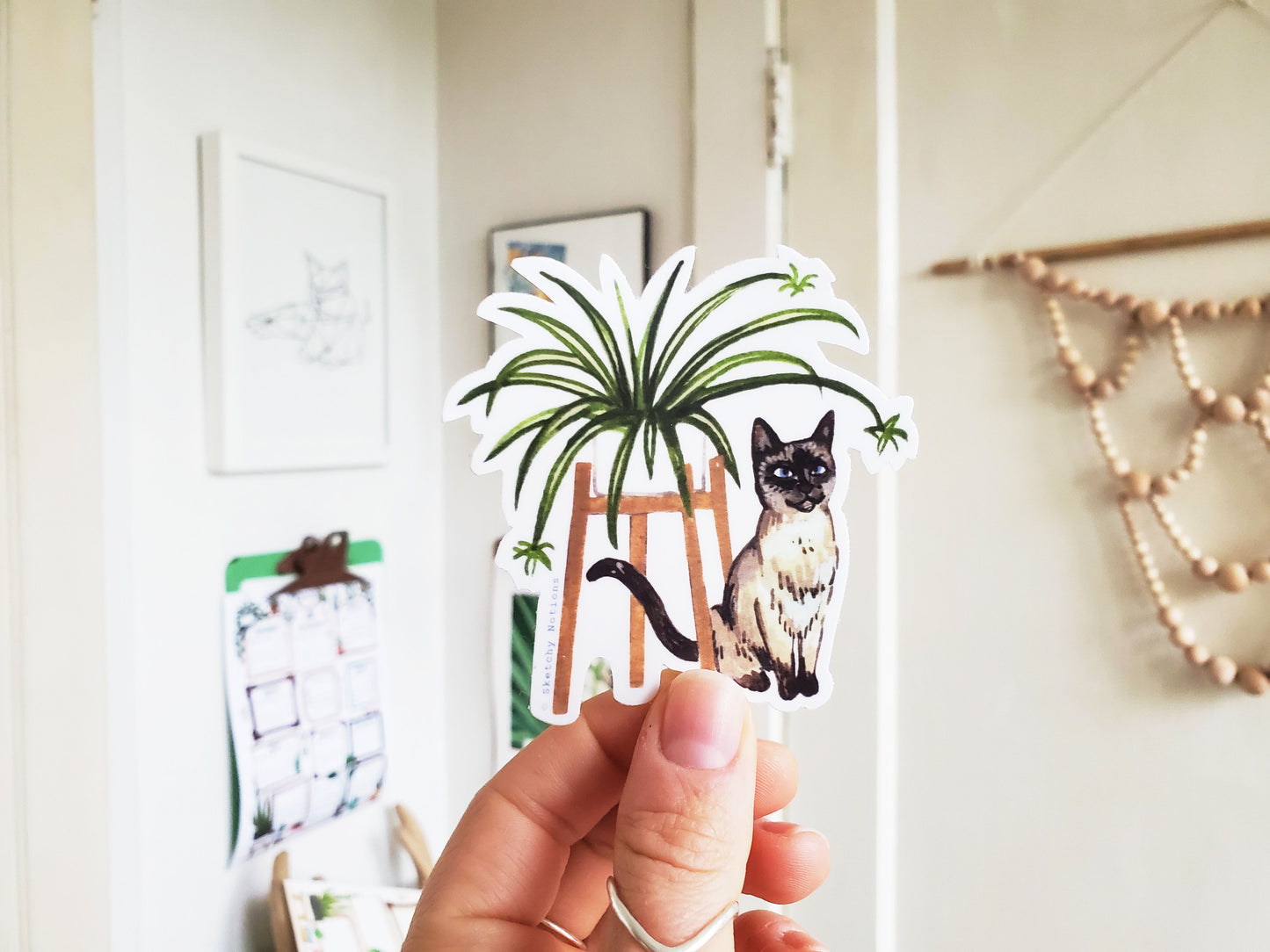 Cat and Plant Sticker 1 - Siamese with Spider Plant