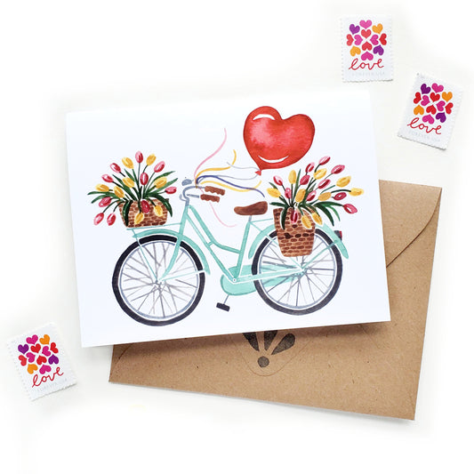 Heart Balloon + Tulips Bicycle Love Card