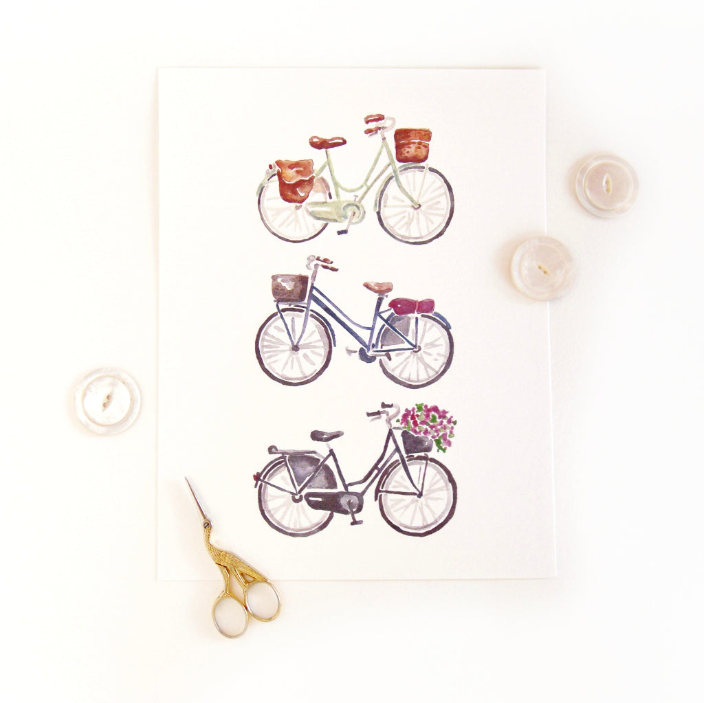 Bicycle Trio #1 Watercolor Art Print
