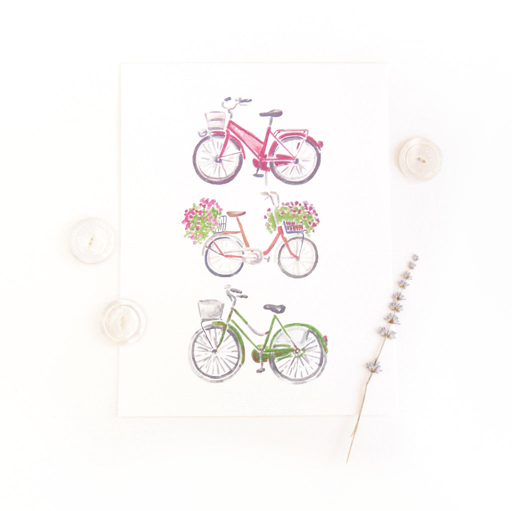 Bicycle Trio #2 Watercolor Art Print