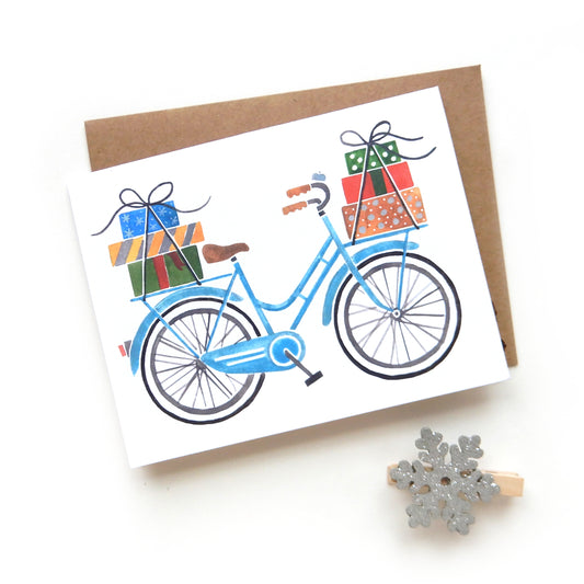 unique christmas card blue bicycle with gifts watercolor small xmas card sketchy notions