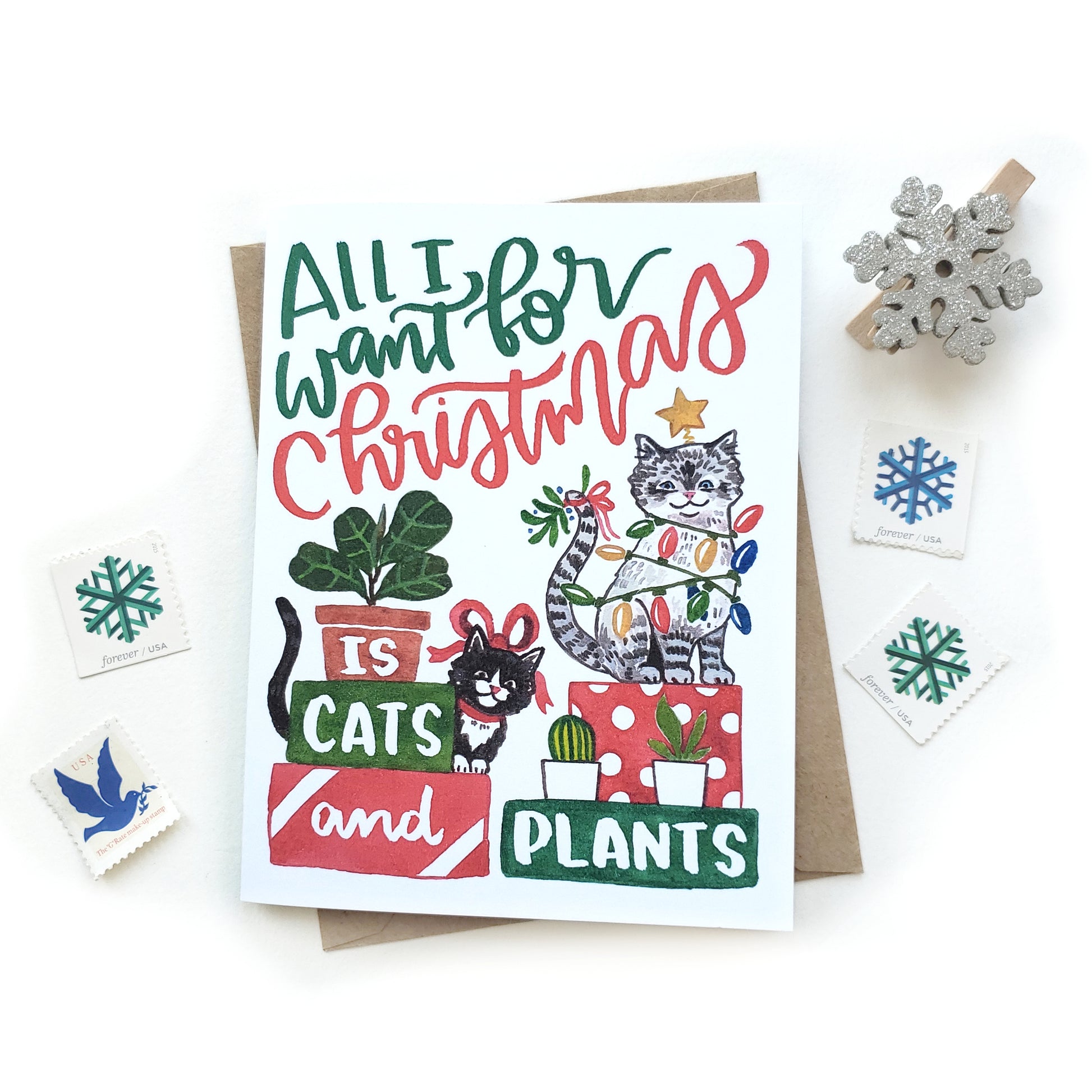 christmas cats and plants card holiday card for crazy cat lady watercolor illustration sketchy notions