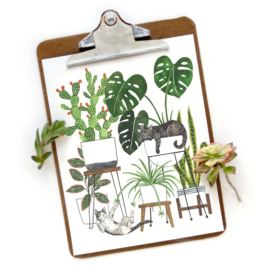 Cats + Plants Watercolor Art Print
