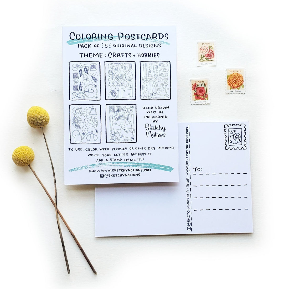 Coloring Postcards Crafts + Hobby Themed | Hand-drawn Illustrations ...