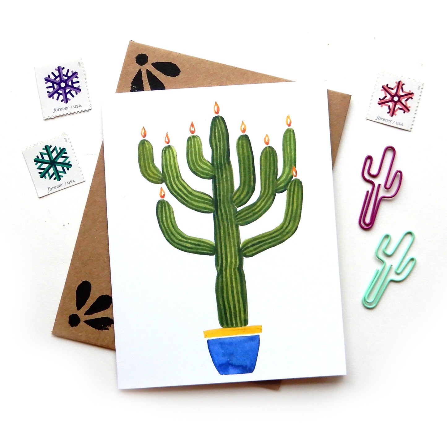 cactus menorah hanukkah card barrel cactus hanukkiah watercolor illustration sketchy notions