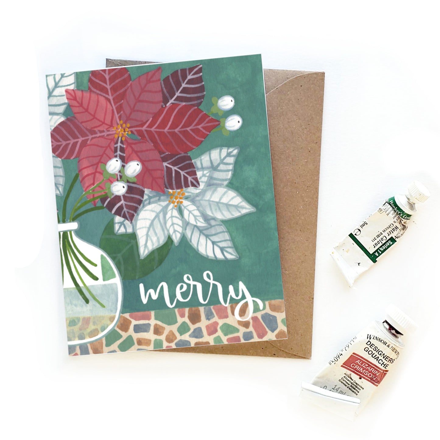 Merry Poinsettia Watercolor Wrap Card