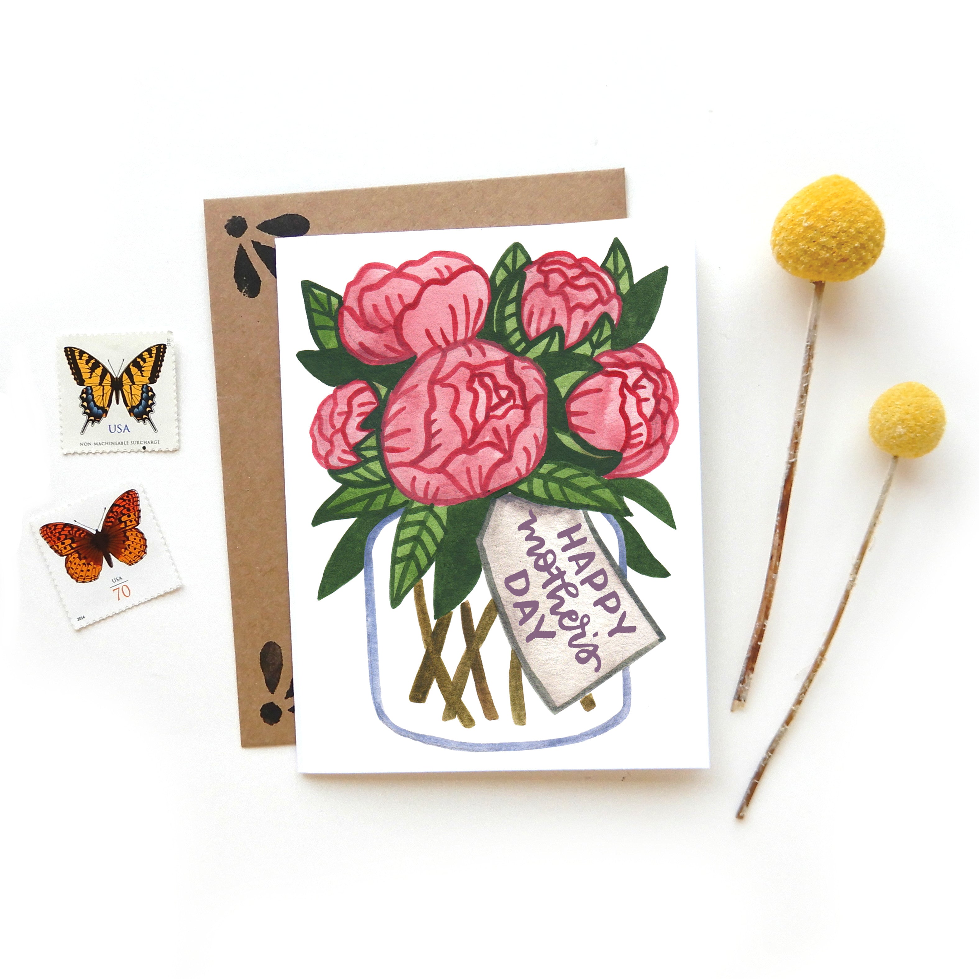 Mothers Day Peonies Card Watercolor Hand Lettering Mom Card Sketchy Notions