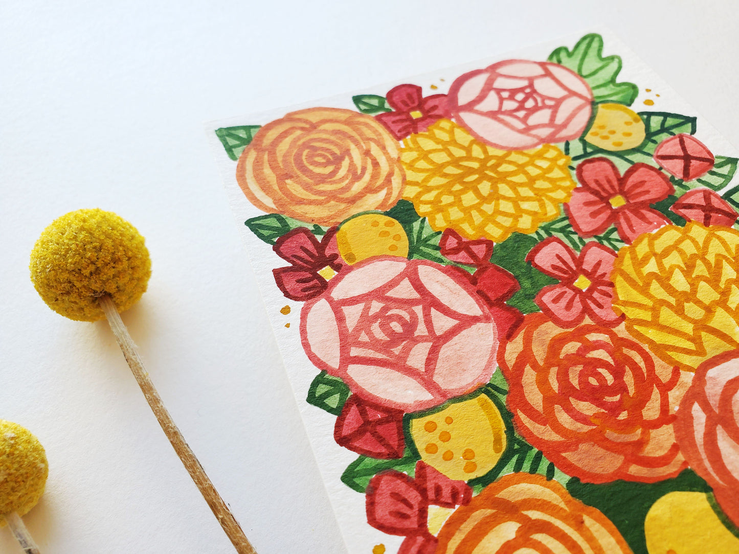 Floral Collage Peonies & Billy Buttons Original Watercolor