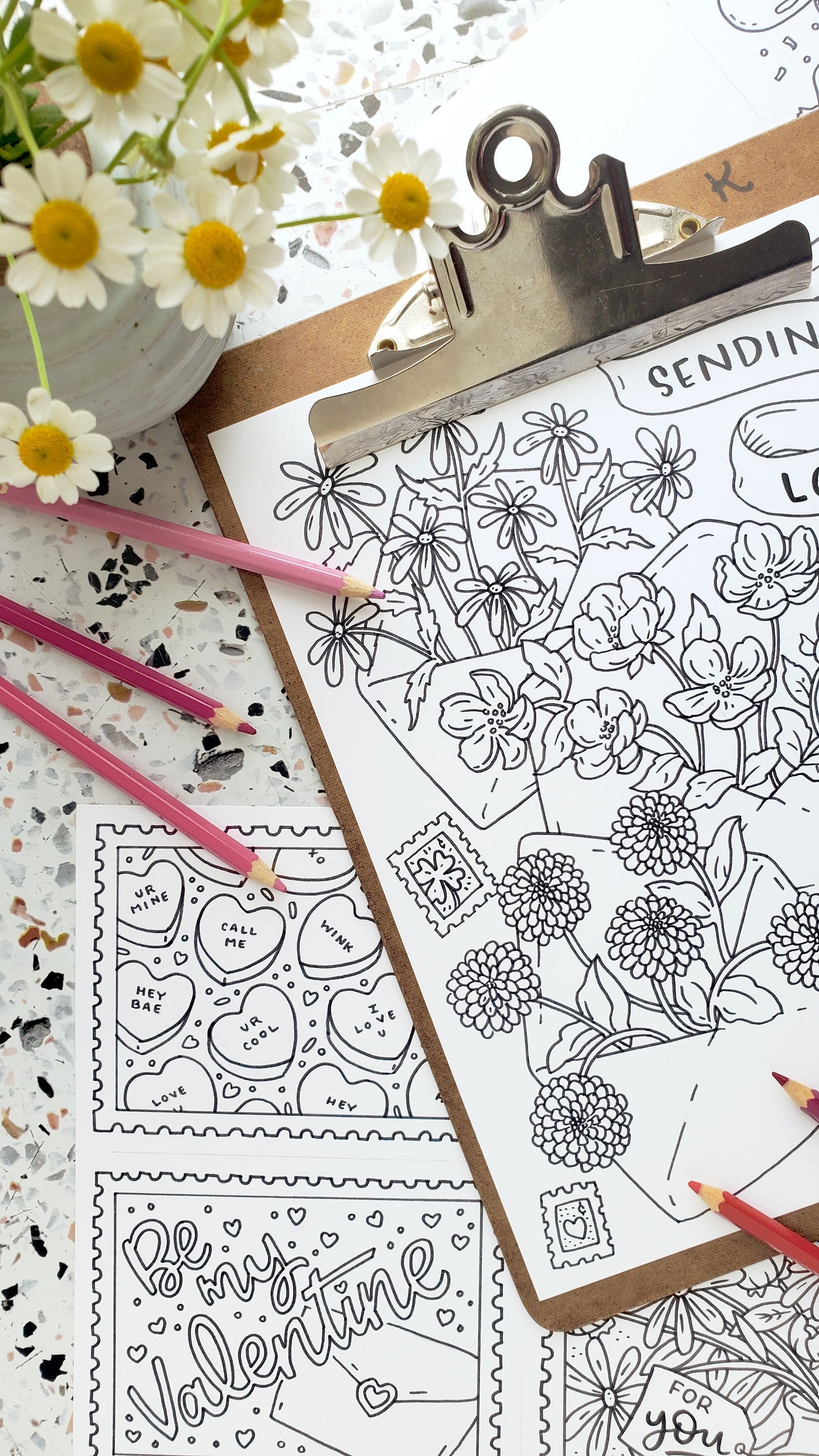 Valentine's Day Flowers and Cards Coloring Page Set