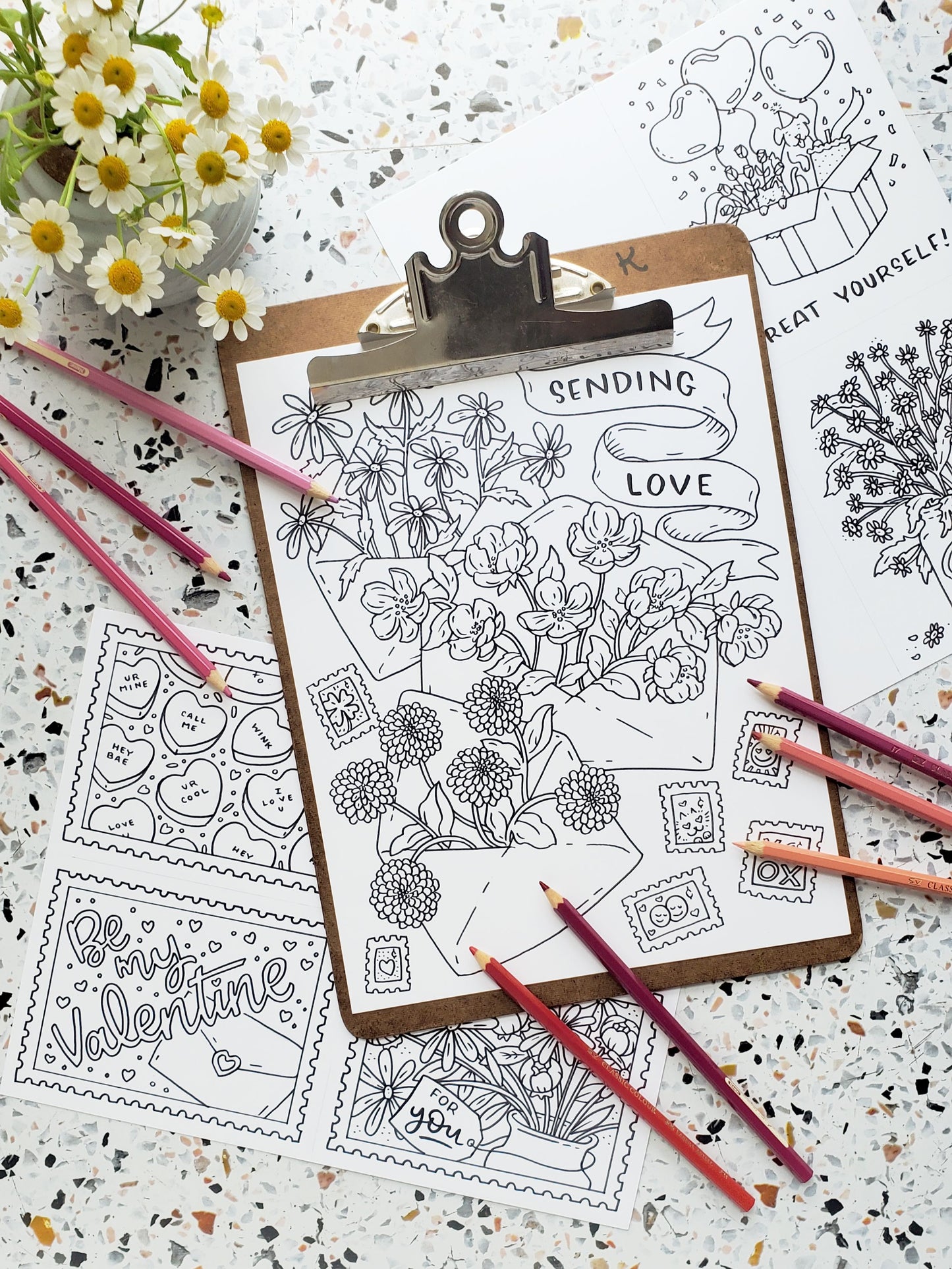 Valentine's Day Flowers and Cards Coloring Page Set