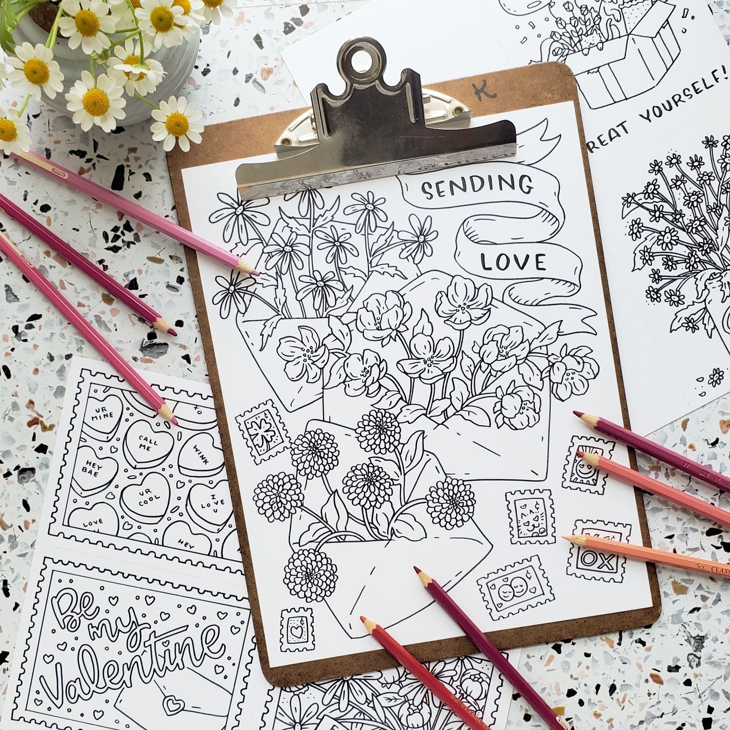 Valentine's Day Flowers and Cards Coloring Page Set