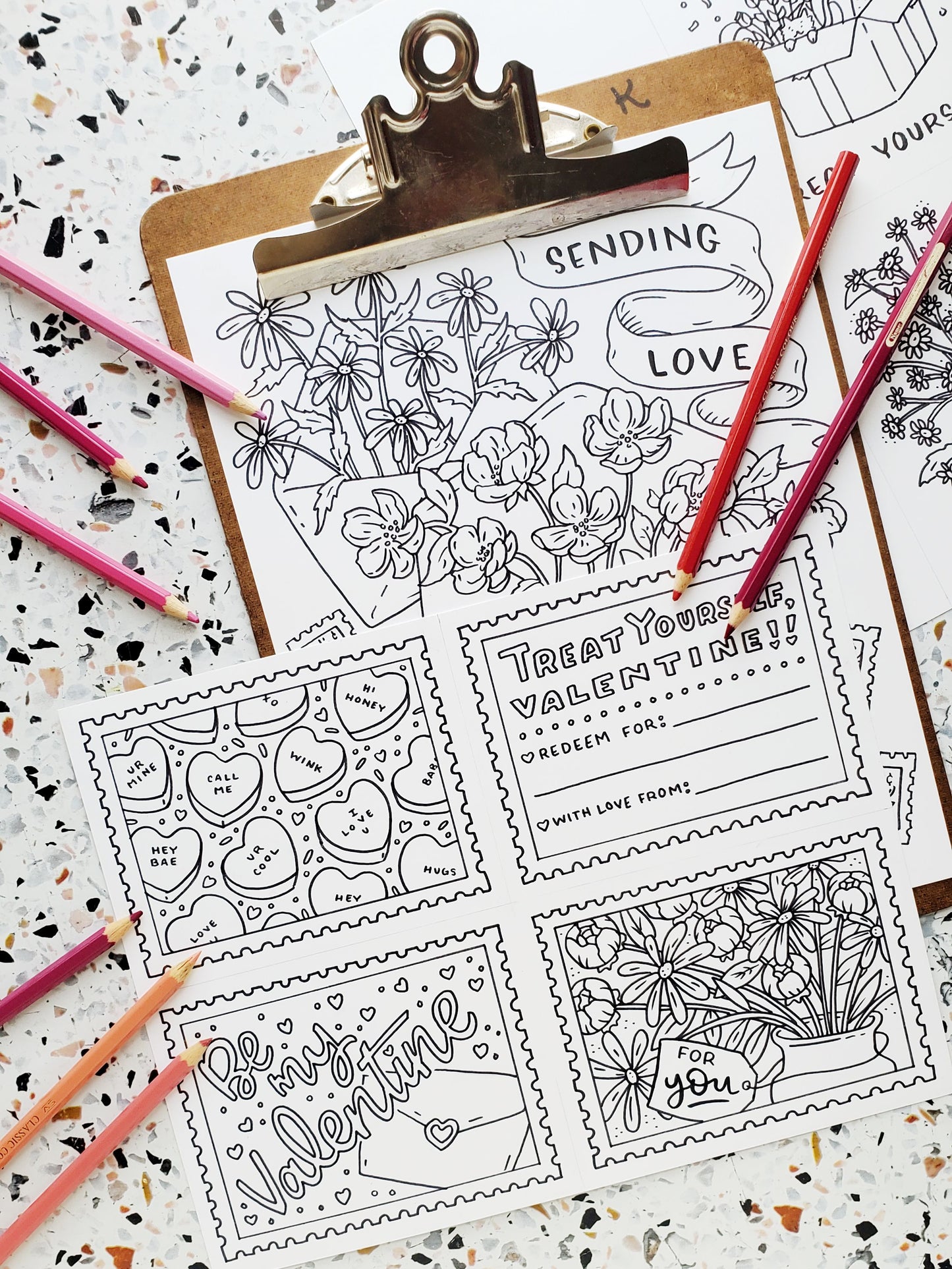 Valentine's Day Flowers and Cards Coloring Page Set