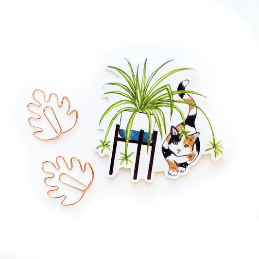 Cat and Plant Sticker 9 - Calico Cat with Spider Plant