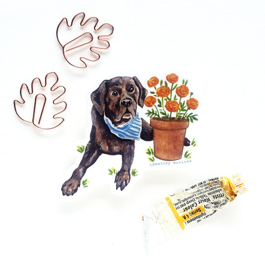 Tiny Dog and Flower Sticker 4 - Chocolate Lab with Marigolds