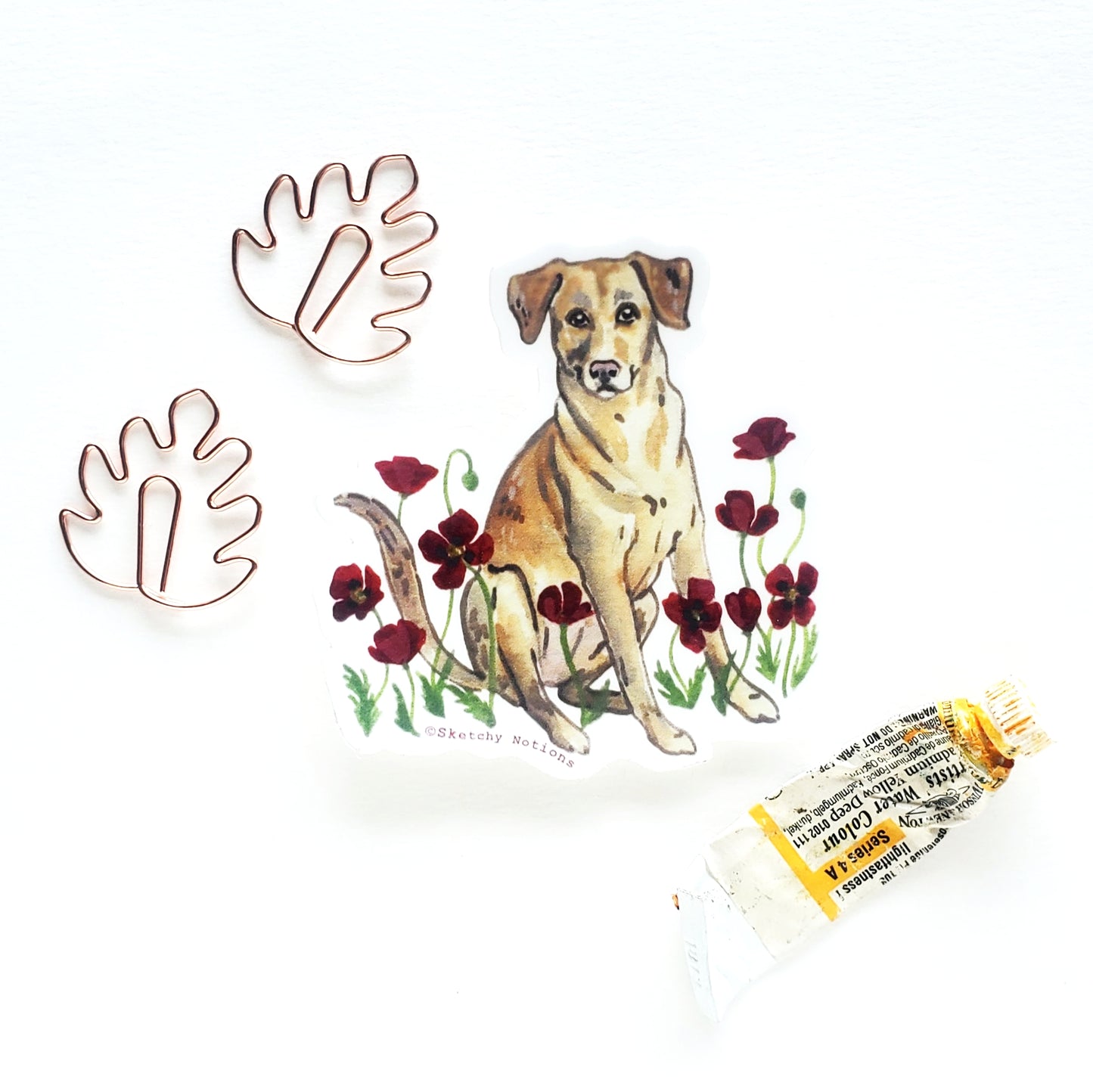 Tiny Dog and Flower Sticker 1 - Golden Lab with Red Poppies
