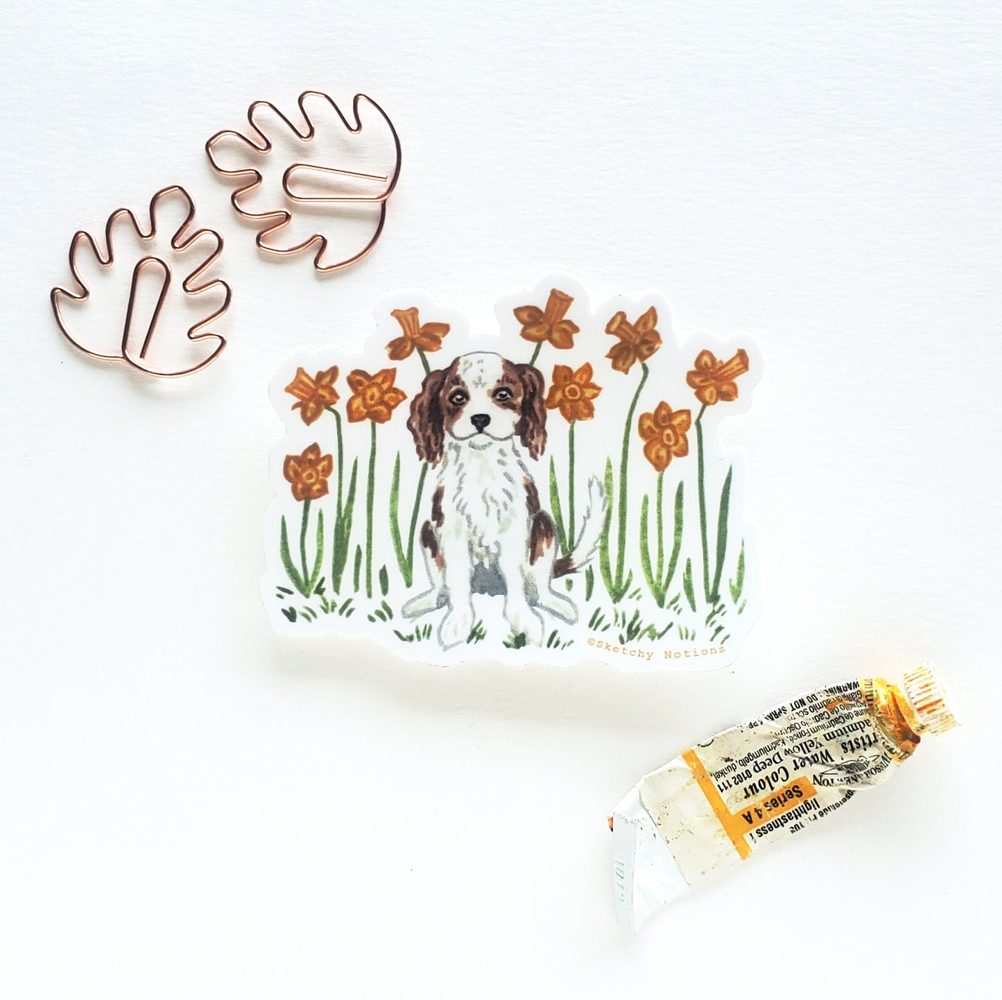 Tiny Dog and Flower Sticker 3 - Cavalier King Charles Spaniel with Daffodils