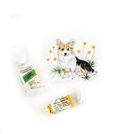 Tiny Dog and Flower Sticker 5 - Corgi with Craspedia