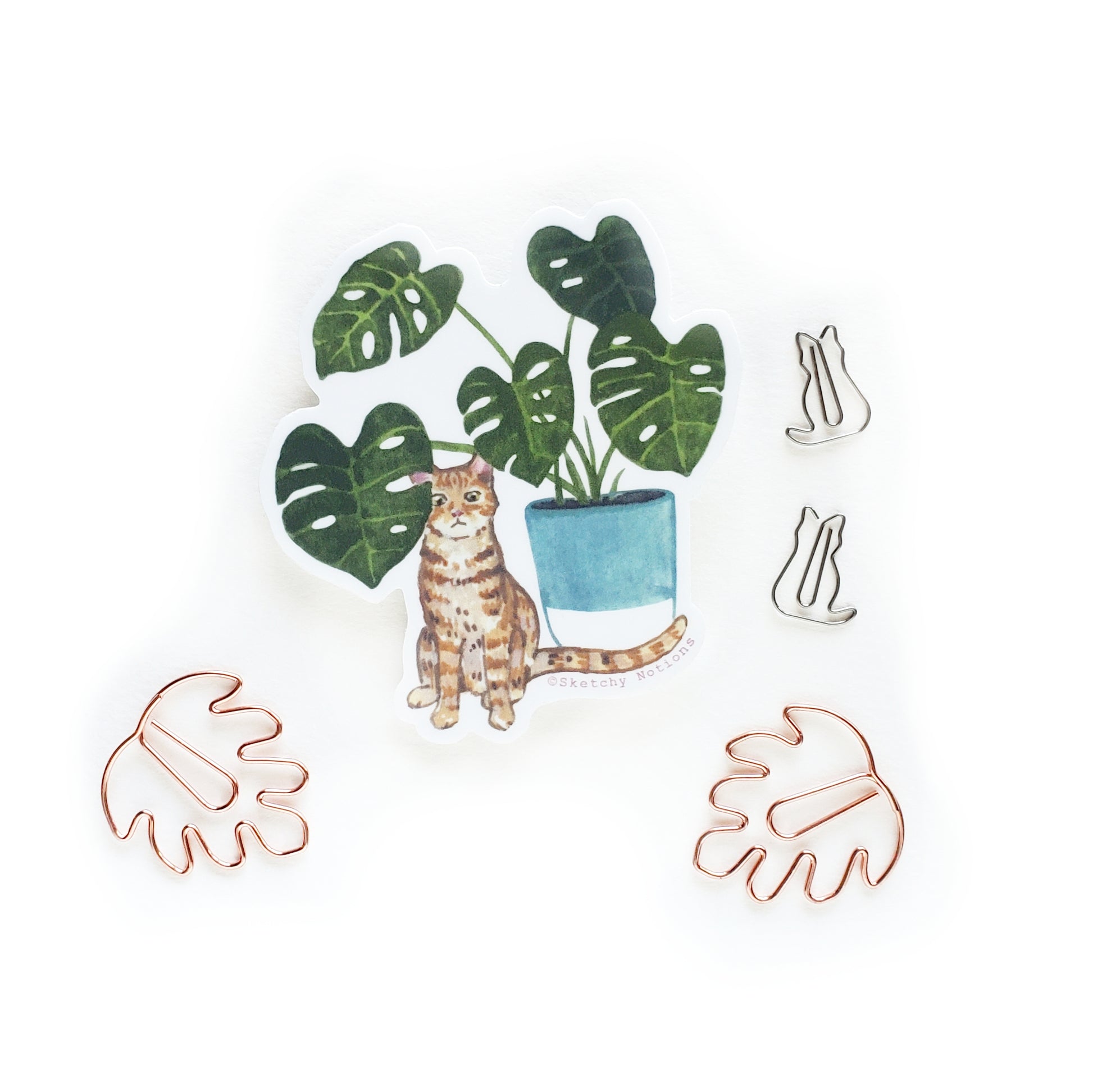 monstera and cats Cat and Plant Vinyl Sticker | Orange Cat with Monstera