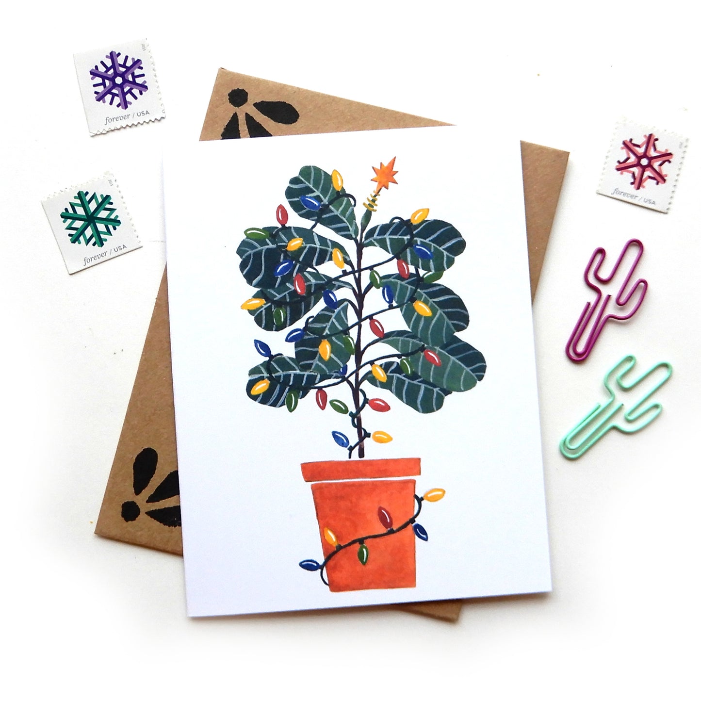 fiddle leaf fig christmas tree wrapped in retro christmas lights greeting card for plant lady sketchy notions